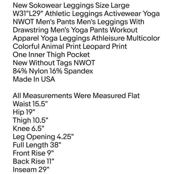 New Sokowear Leggings Size Large W31"L29" Athletic Leggings Activewear Yoga NWOT - Picture 2 of 8